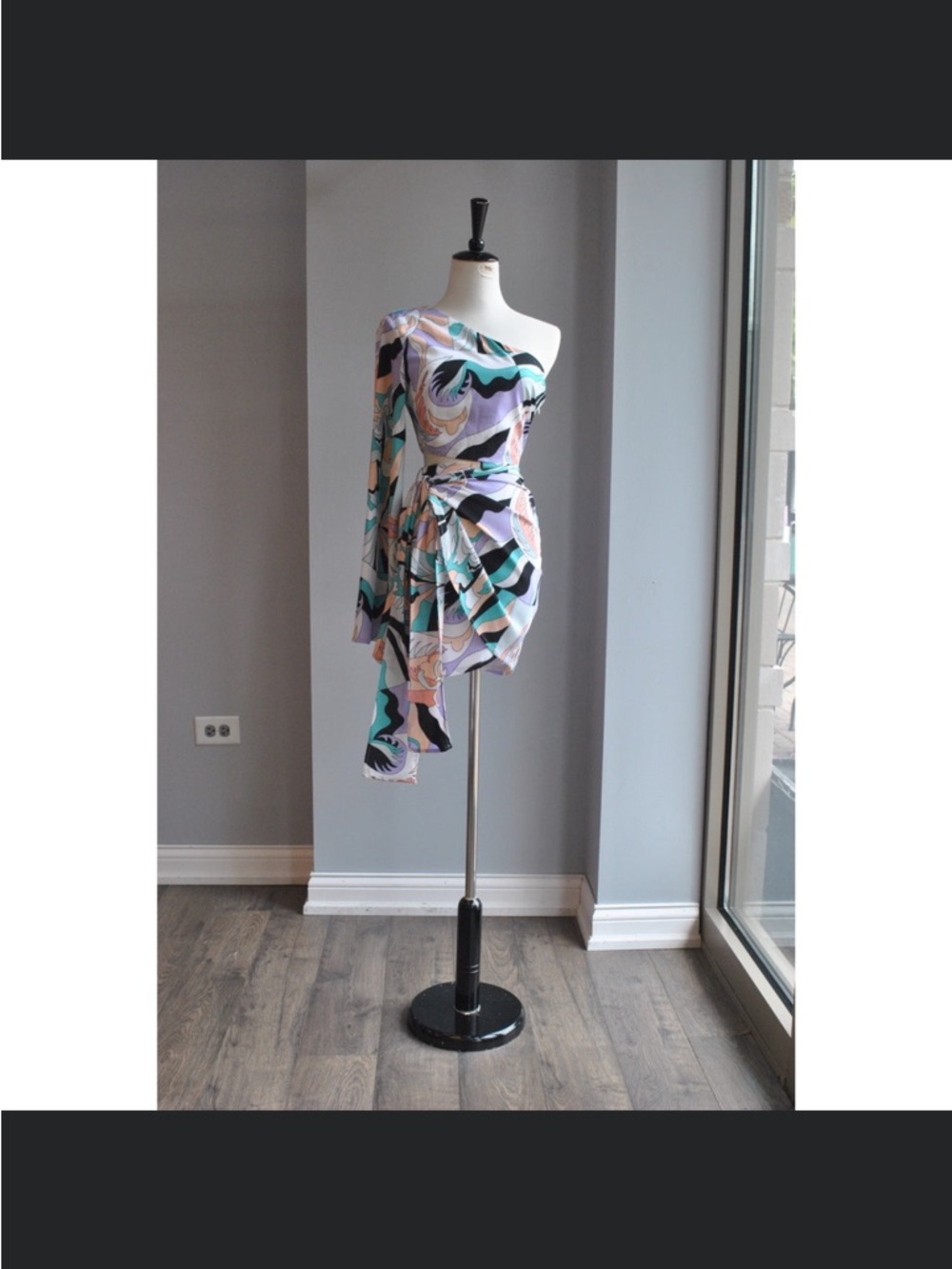 One-Shoulder Abstract Print Mini Dress in Teal & Pastels